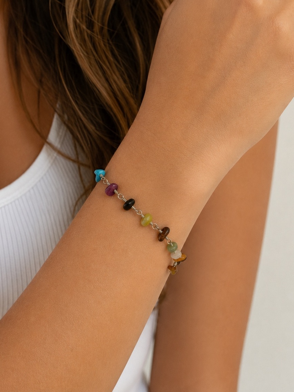 Handmade Wire Bracelet with Multicolor Semi Precious Stone Chips